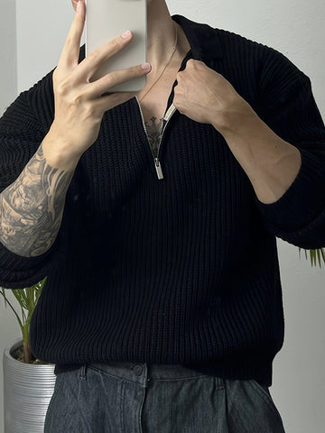 Long Sleeve Polyester Sweatshirt - Men's Casual Knitted Zipper Top - Lapel Collar, Solid Color, Slight Stretch, Half Placket, Loose Fit - 95% Polyester, 5% Spandex - Winter Wear